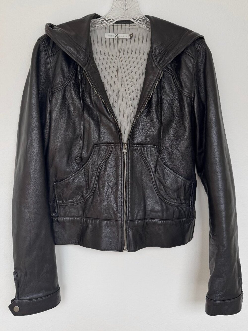 Hooded Black Leather Jacket- Mike and Chris- 100% Real Leather